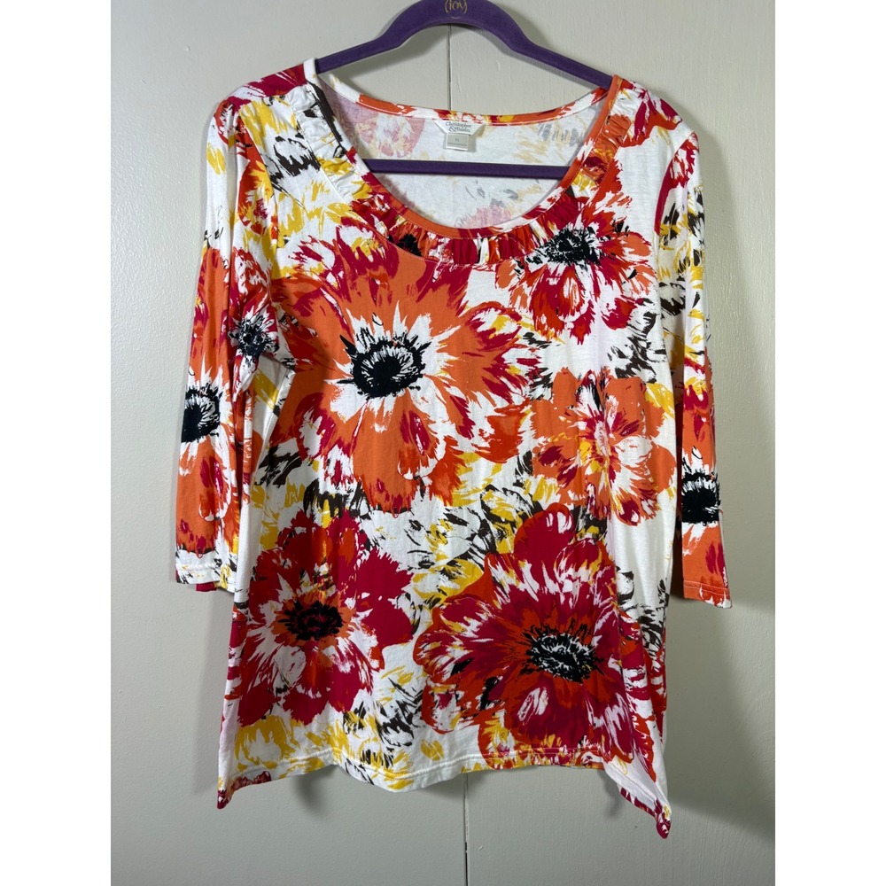 Christopher & Banks XL Floral Scoop Neck 3/4 Sleeve Cotton Top Artsy Bold Casual